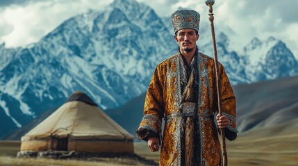 A man in a traditional Kazakh shapan, standing in front of a breathtaking mountain range with a yurt in the background.