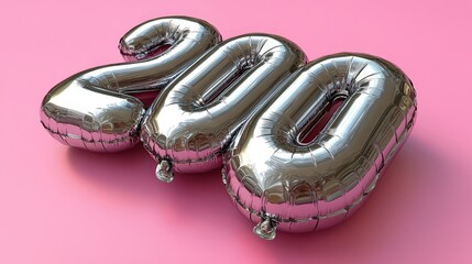 A shiny silver balloon shaped like the number two hundred, lying on a pink surface