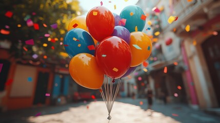 A cluster of colorful balloons floats amidst a flurry of confetti in a celebration of joy and festivity.