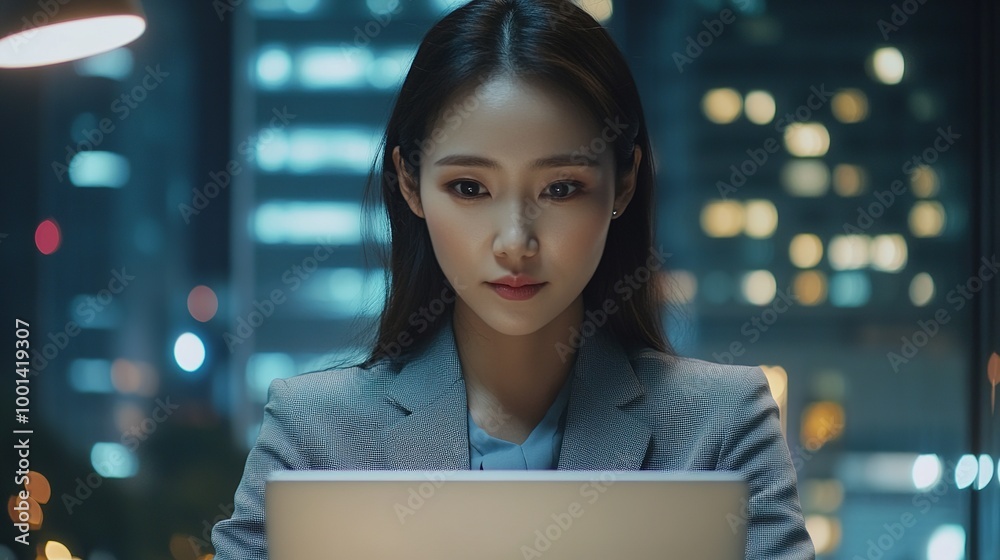 Wall mural Focused Businesswoman Working on Laptop at Night