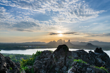 Fototapeta premium Landscape of Mountains and lakes in sunset at Phu Sub Lek Reservoir, Lopburi,