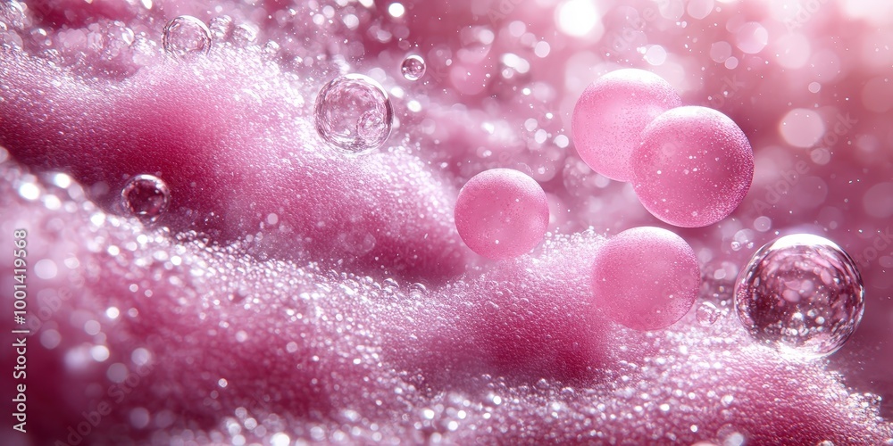 Poster a mesmerizing display of translucent spheres suspended in a vibrant pink liquid, with delicate bubbl