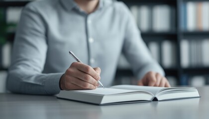 Person writing in a book at desk, focused on learning and productivity.