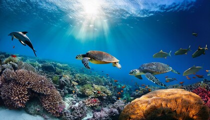 Fototapeta premium 透き通る青い海の中、色とりどりのサンゴ礁と魚たちが泳ぐ海底の世界。エメラルドグリーンに輝く水の中はウミガメヤイルカ、カラフルな熱帯魚が潜んで、太陽の光が水面から差し込んで海中