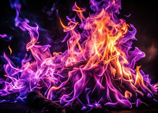 Captivating Violet Fire Flames Dancing Against a Dark Background in a Dramatic Night Scene