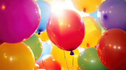 Illustrate a close-up view of colorful balloons being released into the air during a lively school assembly The light should reflect off the balloons, creating a festive atmosphere