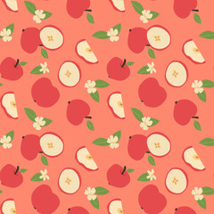 Hand drawn abstract apple pattern with plant parts and sliced food. Seamless pattern for textile, wrapping paper, posters. Fashion textures of fruit sliced and whole.