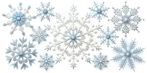 Fototapeta premium Delicate, intricate, and symmetrical snowflakes in various shapes and sizes, with gentle curves and feathery edges, against a soft white or transparent background.