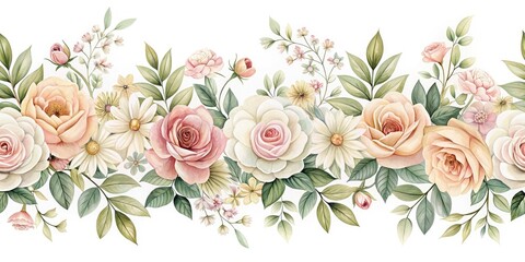 Delicate, intricately designed floral pattern forms a beautiful border, featuring pastel-hued roses, daisies, and leaves, set against a soft, creamy white background.