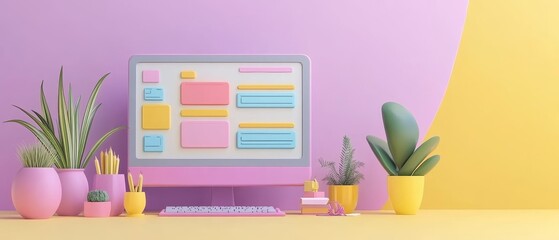 A bright, modern workspace featuring a computer, colorful sticky notes, and vibrant plants against a pastel purple and yellow background.