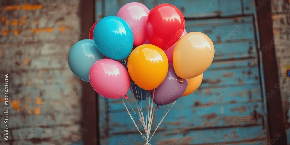 Poster a cluster of colorful balloons tied together with string, floating in front of a weathered blue and 