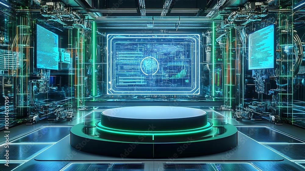 Poster futuristic digital room with glowing screen, tech and a round platform.