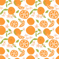 Hand drawn abstract orange pattern with plant parts and sliced food. Seamless pattern for textile, wrapping paper, posters. Fashion textures tangerine or mandarin orange.