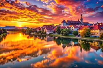 Fototapeta premium Breathtaking Sunrise Over Maribor's Skyline with Vibrant Colors Reflecting on the River Drava
