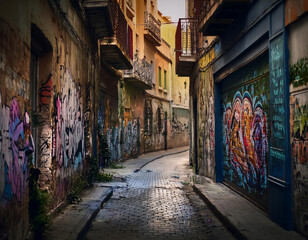 Fototapeta premium Petite rue vide avec des graffitis sur les murs