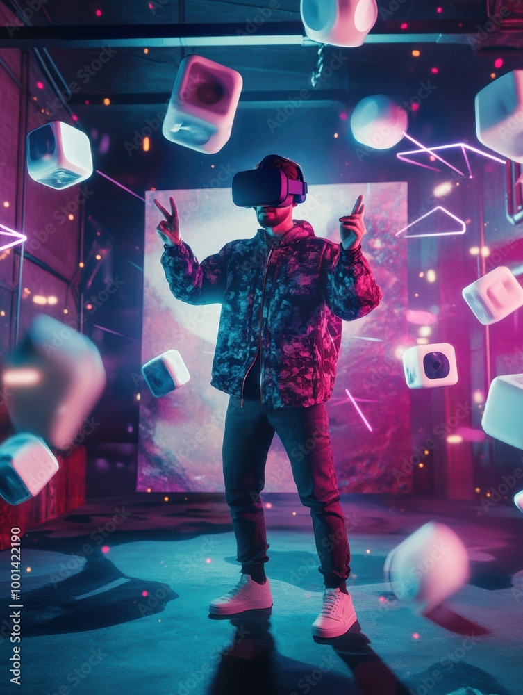 Poster virtual reality designer in a modern studio explores floating 3d objects while wearing a vr headset.