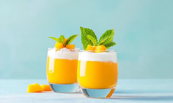 Mango parfait in glass cups, bright background, clean design, copy space