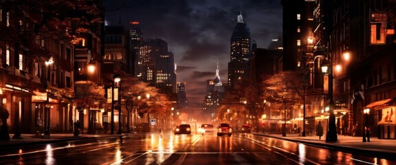 Obraz premium A quiet city street is illuminated by glowing streetlights, casting reflections on the wet pavement. The tall buildings and soft evening glow create a serene yet mysterious urban scene.. AI Generation