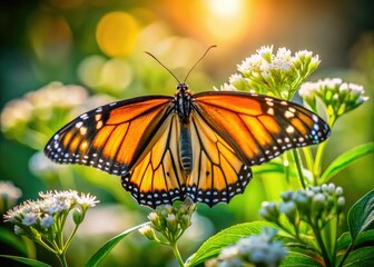 Obraz premium Delicate monarch butterfly with vibrant orange and black wings perched on a soft, white flower petal, surrounded by lush green foliage in warm sunlight.