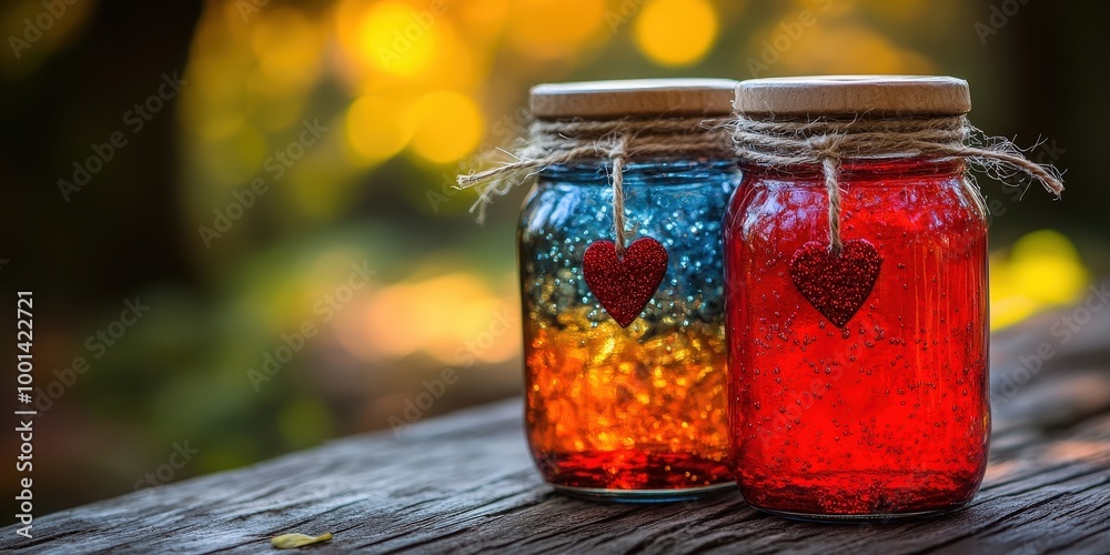 Poster Two glass jars with red hearts and shimmering liquid on a rustic wooden surface, surrounded by a blurred background of green and yellow foliage.