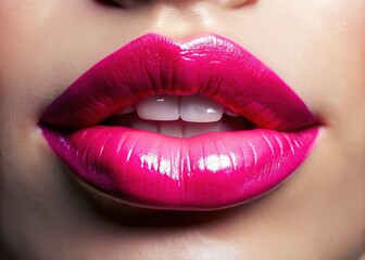 Fototapeta premium Close-up of Beautiful Pink Lips with Glossy Finish Against a Soft Focus Background of Pastel Colors