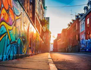 Fototapeta premium Rue ensoleillée avec des graffitis colorés sur les murs