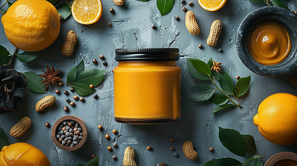 A set of brown peanut butter jars in order with blank label mockup on wooden table 