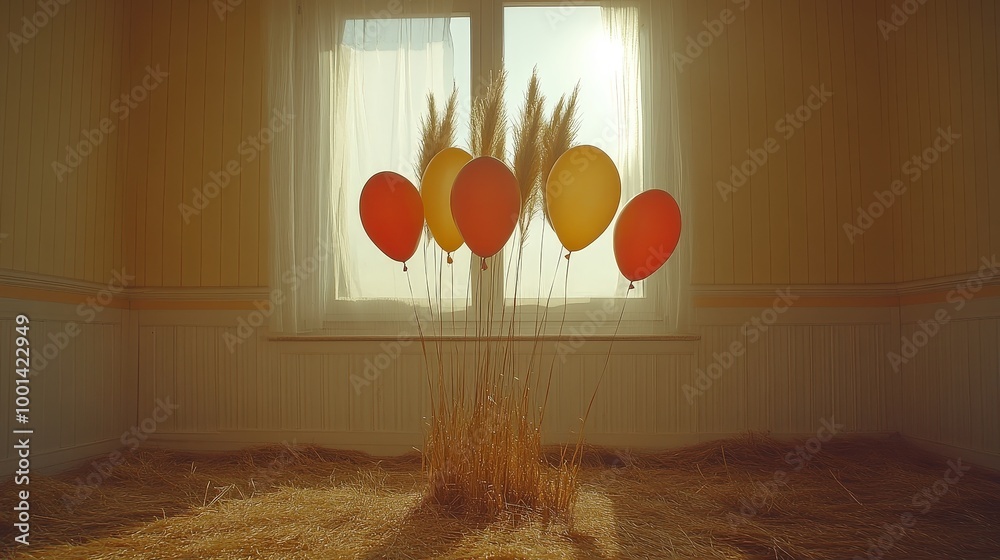 Poster A single window frames a scene of balloons floating amidst tall grasses, their colorful forms contrasting against the soft, golden light streaming through the window.