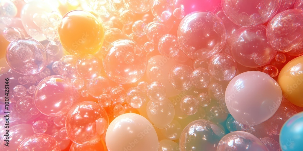 Aufkleber A vibrant and whimsical abstract backdrop featuring an array of iridescent bubbles in various sizes and hues, bathed in soft, glowing light.