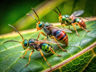Close-up of Parasitic Wasps on a Leaf in Nature, Showcasing Their Intricate Details and Colors