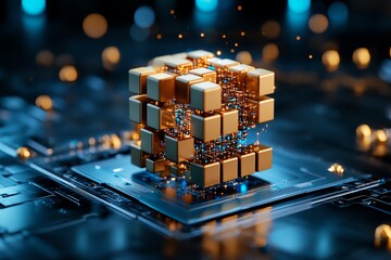 Code compilation in 3D, with a digital structure being built block by block, each representing a different function or algorithm