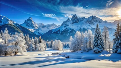 Breathtaking winter landscape showcasing snow-covered mountains under a clear blue sky in nature