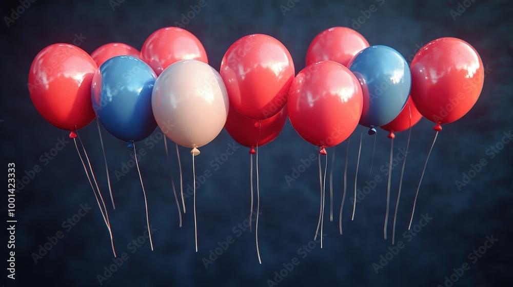 Poster a cluster of balloons floating against a dark backdrop, their colors vibrant and reflecting the ligh