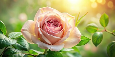 Delicate pink rose petals softly unfurl from a velvety center, surrounded by lush green leaves, against a warm, creamy background with subtle texture.