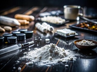 Fototapeta premium Collection of Various Illegal Drugs Names Displayed on a Table in a Dark and Mysterious Setting
