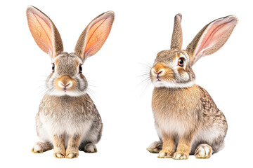 Fototapeta premium Two adorable rabbits with long ears and soft fur, sitting side by side in a playful pose, perfect for nature and animal themes.