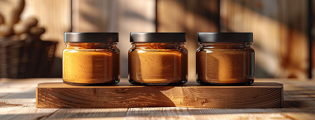 A set of brown peanut butter jars in order with blank label mockup on wooden table 