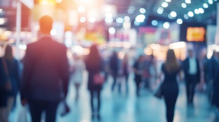 Engaged People at Blurred Trade Fair Scene