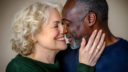 Loving senior interracial couple sharing a kiss at home, expressing deep affection and happiness in a cozy environment.