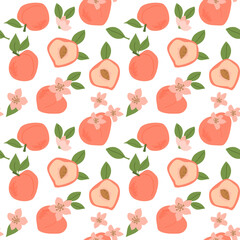 Hand drawn abstract fruit peach pattern with plant parts and sliced food. Seamless pattern for textile, wrapping paper, posters. Fashion textures.