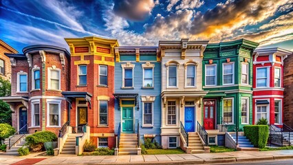 Fototapeta premium Colorful Baltimore City Row Houses in Historic Neighborhoods with Charming Architecture and Details