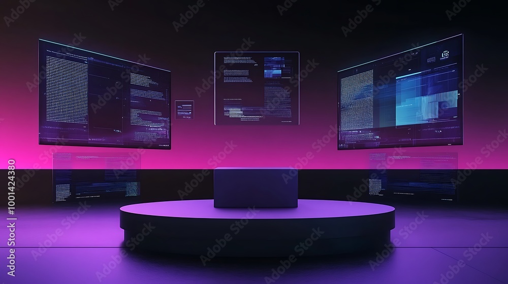 Poster a futuristic podium with digital screens displaying data and code in a neon pink and blue room.