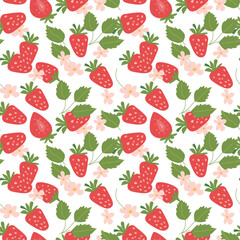 Hand drawn abstract summer strawberry pattern with plant parts and sliced food. Seamless pattern for textile, wrapping paper, posters. Fashion textures.