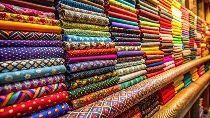 Colorful Bolts of Fabric for Sale Displayed in a Textile Store with Various Patterns and Textures