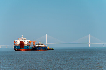 cargo ship and bridge in the sea