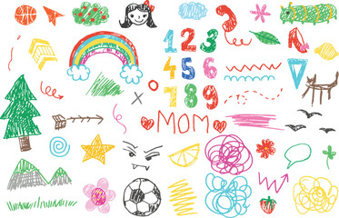 Crayon fun cute kid colorful doodle set badge, scribble line flower, heart. rainbow background. Hand drawn doodle sketch childish element set. numbers, heart, cloud children draw style design elements