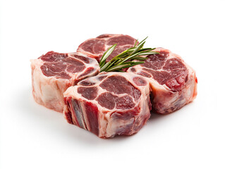 Obraz premium Pieces of meat with a bunch of rosemary on top. 