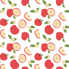 Hand drawn abstract apple pattern with plant parts and sliced food. Seamless pattern for textile, wrapping paper, posters. Fashion textures of fruit sliced and whole.