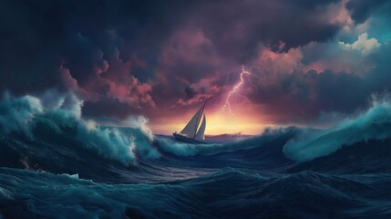 Perilous ocean scene with a solo boat struggling amidst giant crashing waves