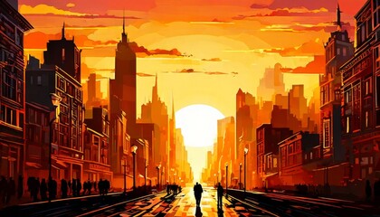 Naklejka premium A city street at sunset bathed in warm, glowing orange light. Tall buildings frame the horizon as the sun sets, casting dramatic shadows and illuminating the street with vibrant colors.. AI Generation
